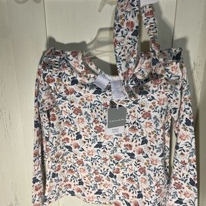 Tahari Kids Long Sleeve woodland Floral tee girls 4T with headband head wrap New